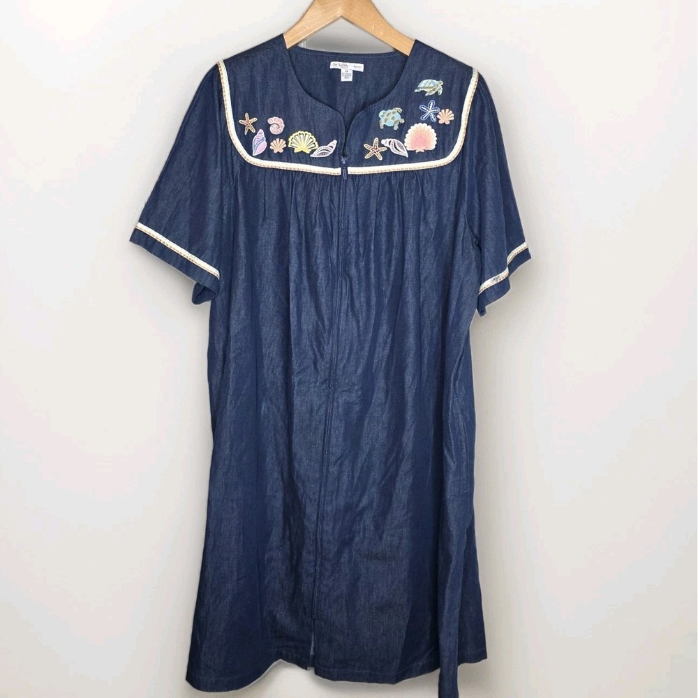 GO SOFTLY PATIO DRESS Embroidered SEA LIFE 100% COTTON Denim Blue SZ 2XL Muu Muu